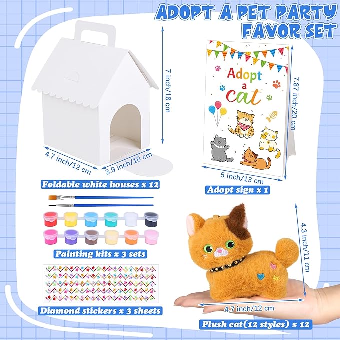 31 Pieces Adopt a Cat Party Favors 12 Mini Plush Stuffed Cats with Keychain Include Adopt a Cat Sign DIY White Cats House, Paint, Brushes & Stickers for Birthday Xmas DIY Craft Party Gifts