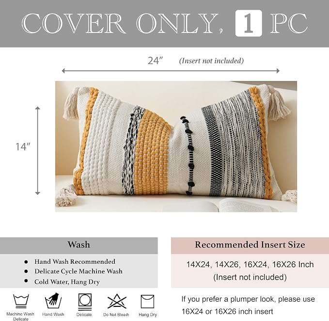 Decorative Lumbar Throw Pillow Cover 14x24 Boho Yellow Mustard Accent Cushion for Couch Sofa Farmhouse Pillowcase for Bedroom Living Room Home Décor Cover ONLY