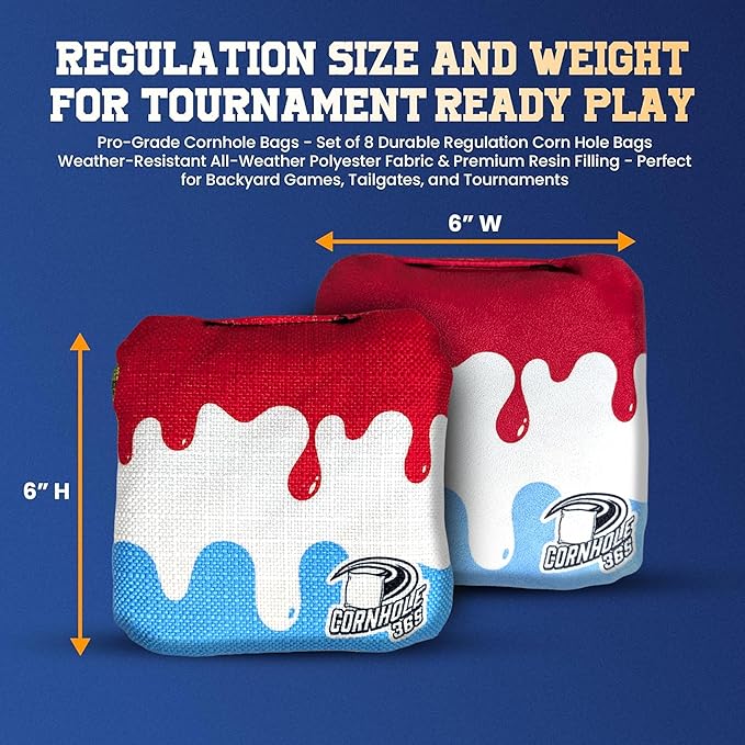 Cornhole365 - Stick & Slide - Professional Corn Hole Bag - Heavy-Duty Double-Stitched Polyester Fabric & Resin Filling for All-Weather - Versatile Regulation Size Cornhole Bean Bags - Set of 8