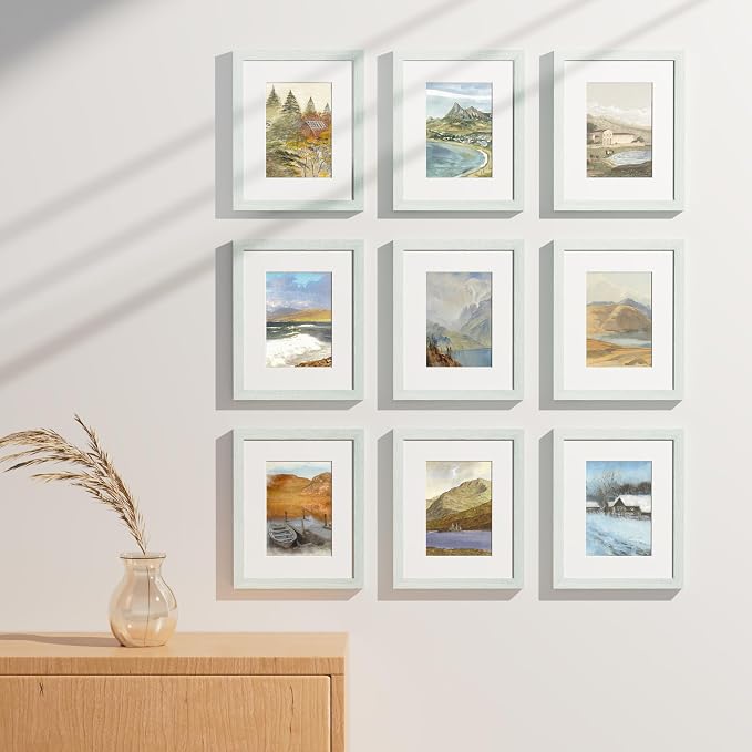 Vittanly 8x10 Picture Frames Set of 9, Wall & Tabletop, Vintage Green | Display Pictures 5x7 with Mat or 8x10 without Mat, Small Photo Frames, Engineered Wood with Shatter Resistant Plexiglass