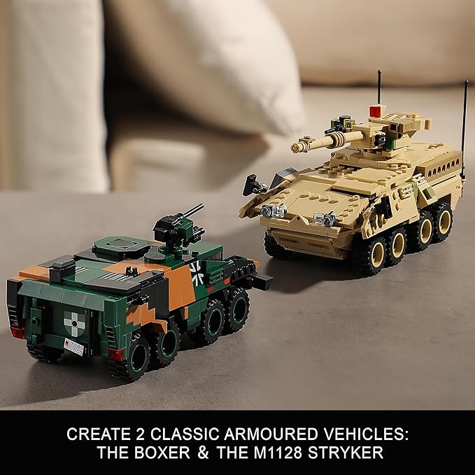 Boxer & Stryker Military Vehicles Building Sets Compatible with Lego, Armored Tank Model Kit for Kids, Great Army Toys for Boys and Girls, Teens Ages 8+