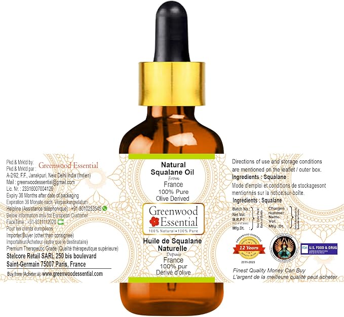 Greenwood Essential Pure Natural Squalane Oil (derived from Olives) with Glass Dropper Natural Therapeutic Grade for Hair, Skin & Aromatherapy 10ml (0.33 oz)