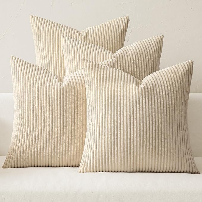 MIULEE Soft Corduroy Decorative Throw Pillow Covers Beige 20x20 | Set of 4, Mordern Nordic Home Decor, All Same Color Set, Boho Farmhouse Cushion Covers for Couch Bed Sofa Living Room