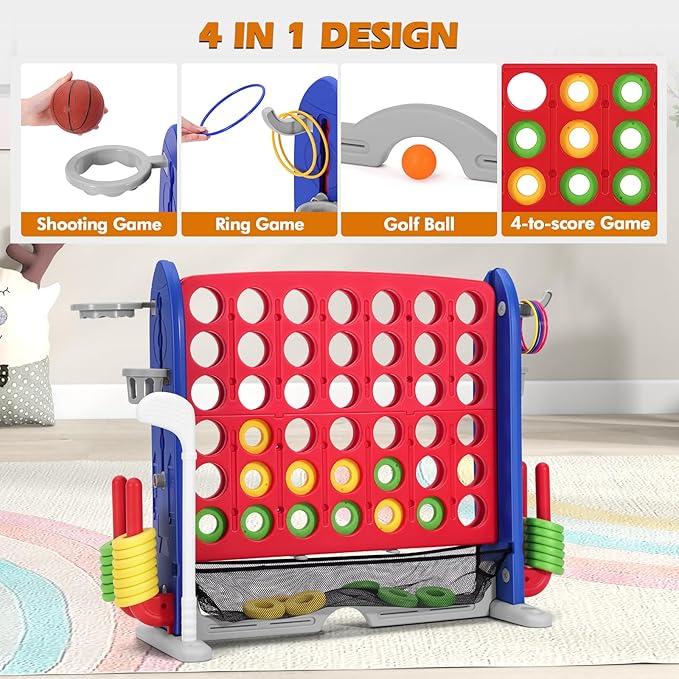 JOYLDIAS Jumbo 4-to-Score Giant Game Set, 4 in a Row Game with Ring Toss, Golf & More, 3.5FT Tall Indoor/Outdoor Connect Game with 42 Jumbo Rings & Quick-Release Slider, Holiday, Party & Family Games