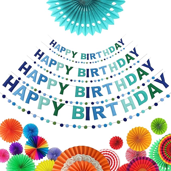 2 PCS Pre-Strung 3D Felt Happy Birthday Banner - Reusable Blue and Green Happy Birthday Decorations Sign,Handmade Wool Felt Ball Garland, Pom Pom Garland, Party Decor, Photo Prop