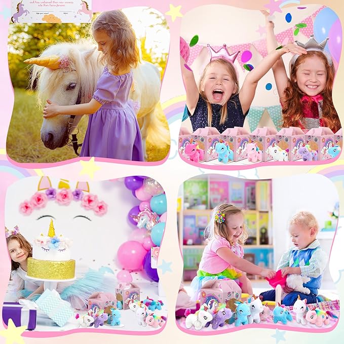 84 Pcs Adopt a Pet Party Favors 24 Mini Plush Stuffed Animals 10 White Plastic Fence 24 Paper Gift Boxes 24 Adoption Cards with Mini Chalkboard and Artificial Lawn(Unicorn)