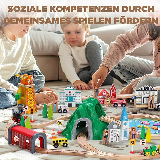 SainSmart Jr. 112-Piece Wooden Train Set for Toddler – Double-Sided Train Tracks, Compatible with Brio, Thomas, Melissa & Doug – Perfect Wood Toy for Boys and Girls