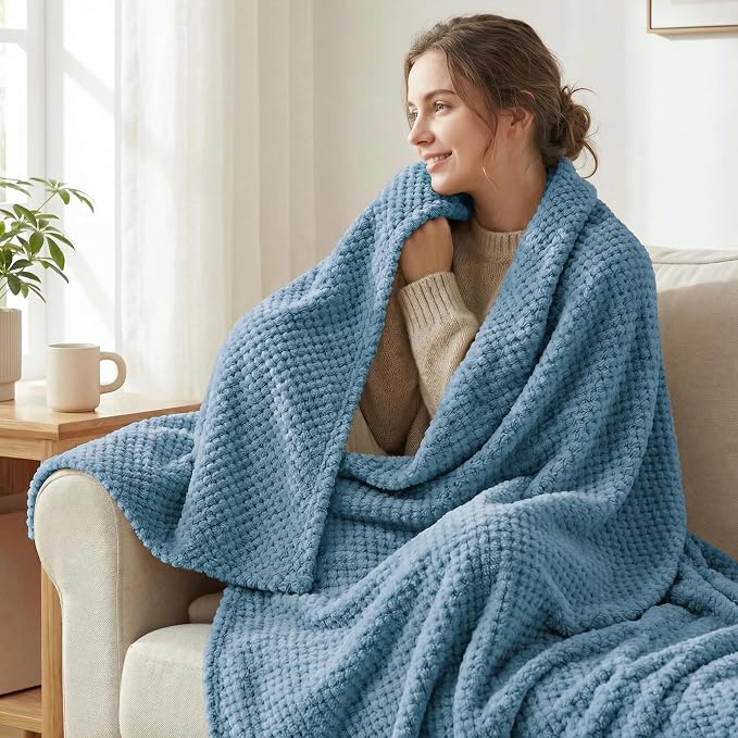 Exclusivo Mezcla Soft Waffle Fleece Bed Blanket Twin Size, Slate Blue | Lightweight Plush Blanket for Bed, Couch, Sofa, Cozy Fluffy Design for Bedroom, Guest Room, All Season, 60x80 Inches