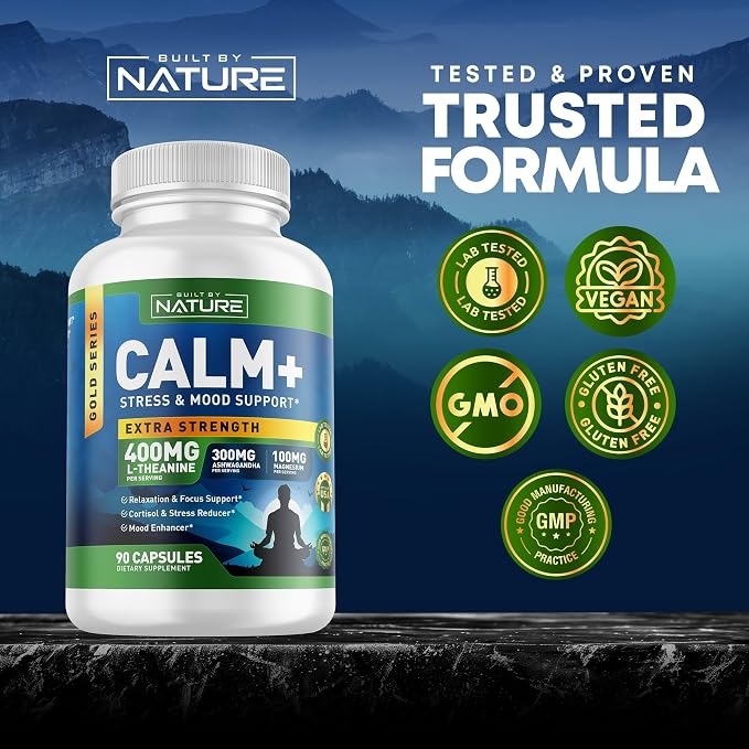Built by Nature Calm+ Relaxation & Focus Supplement, 90 Capsules Stress, Cortisol & Mood Support, L-Theanine, Ashwagandha, Magnesium Glycinate, Vitamin D3