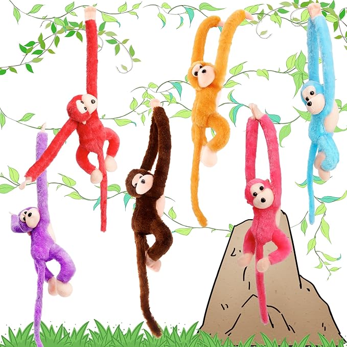 6 Pcs 24 Inch Stuffed Hanging Monkey Plush Hanging Monkey Doll for Jungle Forest Animal Theme Room Decorations, 6 Colors