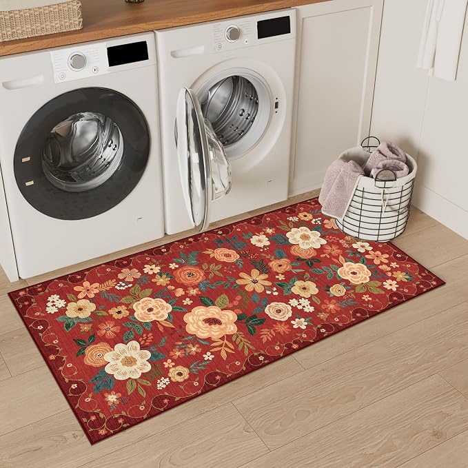 DUKINO 2x4 Entryway Rug, Floral Washable Kitchen Rugs Non Slip, Red | Low Pile, Soft Indoor Runner Rug for Hallway, Bedroom, Bathroom, Laundry, Pet Friendly, Modern Home Decor, Stain Resistant