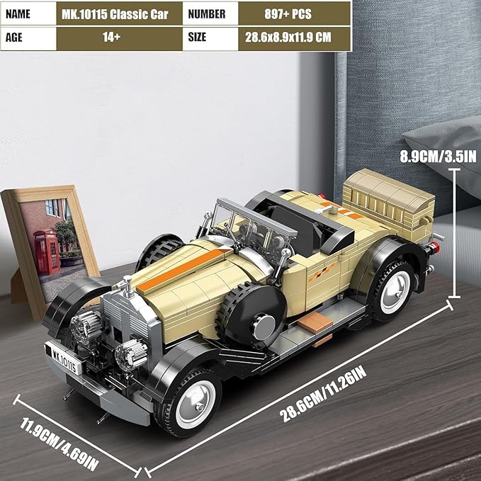Mould King 10115 Classic Cars Building Kits, MOC Vintage Car Model Building Blocks Set, Gift for Age 14+/Adult Collections Enthusiasts(897+ Pieces, Static Version)