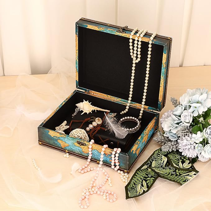 ELLDOO Decorative Treasure Chest Box, Wooden + PU Leather Storage Box for Jewelry Trinkets Photos, Rectangular Keepsakes box for Girls Women Gifts, Green Map Pattern