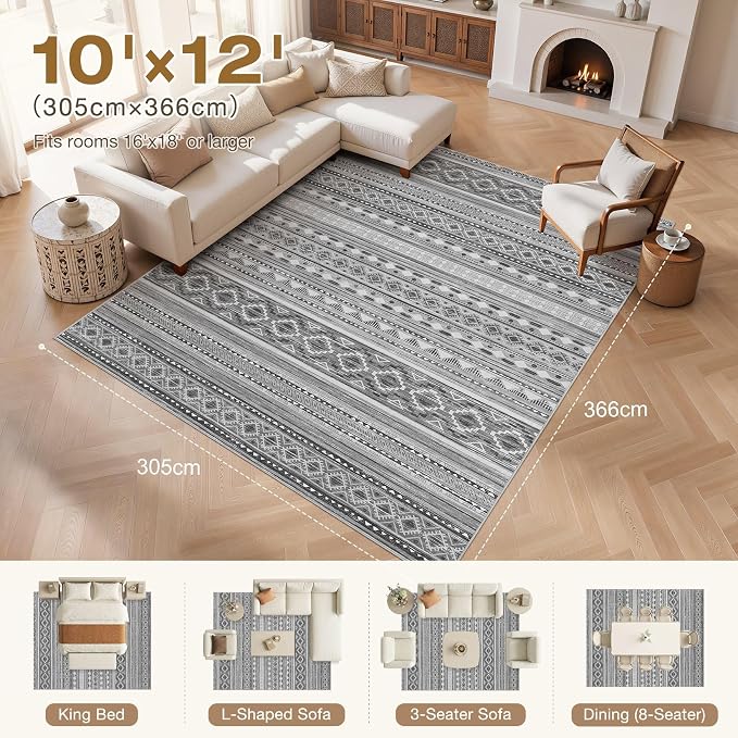 cotiled 10x12 Area Rugs Living Room Rug: Washable Boho Rugs with Non Slip Backing Large Soft Indoor Stain Resistant Carpet for Bedroom Farmhouse Dining Room Lightweight Home Decor Beige Grey