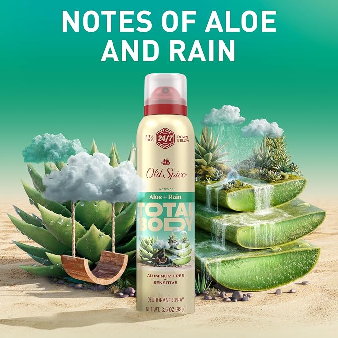 Old Spice Whole Body Deodorant Spray for Men, Aluminum Free, Aloe + Rain Scent, 24/7 Odor Protection, 24/7 Lasting Freshness, Dermatologist Tested, Gentle on Skin, Safe to Use All Over, 3.5 oz