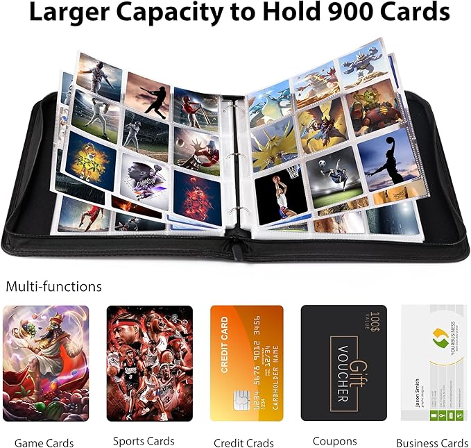 WOT I Trading Card Binder, 900 Pockets Sleeves with Zipper, Double Sided Pockets Card Holder Carry Case for Baseball Card, Football Card