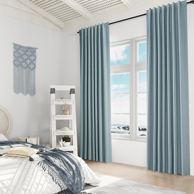 Guken Blue 100% Blackout Linen Curtains 102 Inch Length 2 Panels Set for Living Room Bedroom Back Tab Rod Pocket Thermal Insulated Black Out Drapes Room Darkening Window Curtains 52x102