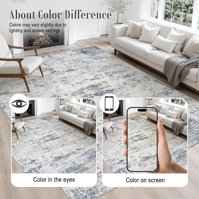 5x8 Area Rug Living Room Rug: Washable Modern Abstract Soft Thin Rug Indoor Floor No Slip Carpet for Bedroom Dining Room Farmhouse Nursery Home Office - Blue Grey