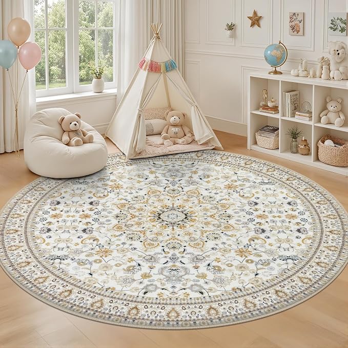 Round Area Rug for Living Room: 6ft Washable Vintage Boho Soft Thin Circle Rug Indoor Floor No Slip Stain Resistant Carpet for Bedroom Dining Room Farmhouse Nursery Home Office - Beige
