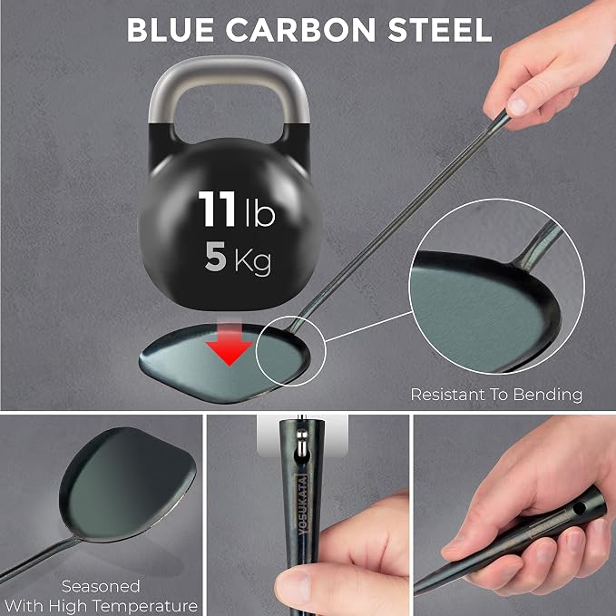 YOSUKATA Blue Round Bottom Wok Pan 14" + Wok Lid 13.6 Inch - Stainless Wok Cover with Tempered Glass Insert Steam Holes + Blue Carbon Steel 17-inch Wok Spatula, Wok Ladle, 3 pairs of Chopsticks