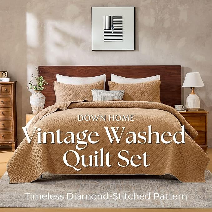 DOWN HOME Twin Quilt Set with Sham Lightweight Quilted Bedspread Coverlet Thin Comforter Bed Cover Vintage Washed Quilted Blanket for All Season, Brushed Microfiber Diamond Stitching, Brown, 66"x92"