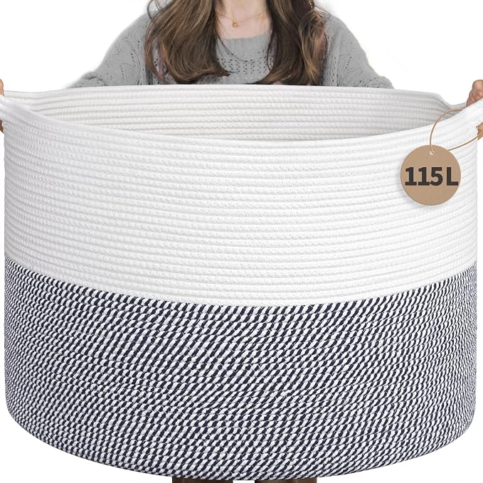 INDRESSME 115L Extra Large Woven Rope Blanket Basket Living Room, Navy | 23.6" x 15.7" Storage baskets for toys laundry & pillows. For living room, bedroom nursery decor. soft-touch, family-sized