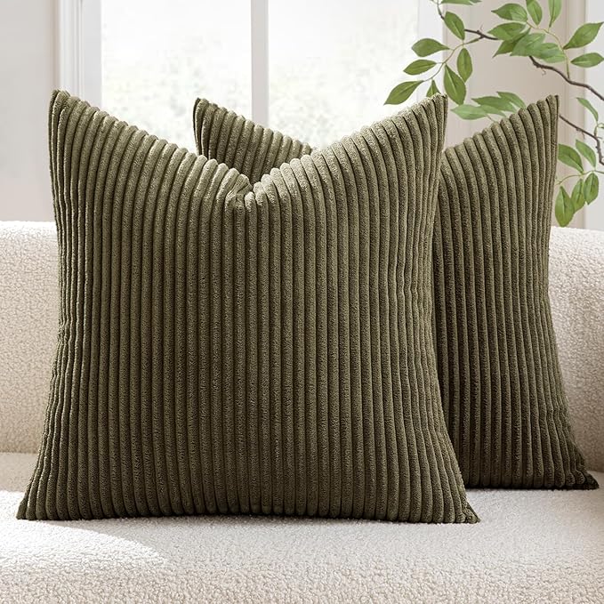 MIULEE Euro Corduroy Throw Pillow Covers Set of 2 24x24 Olive Green | Soft Striped Textured Cushion Cases, Boho Natural Greenery Pillowcases for Home Decor, for Couch Chair Sofa Bed Living Room
