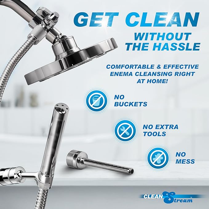 Cleanstream Shower Enema System with 6Foot Metal Hose, Dual Nozzle Set