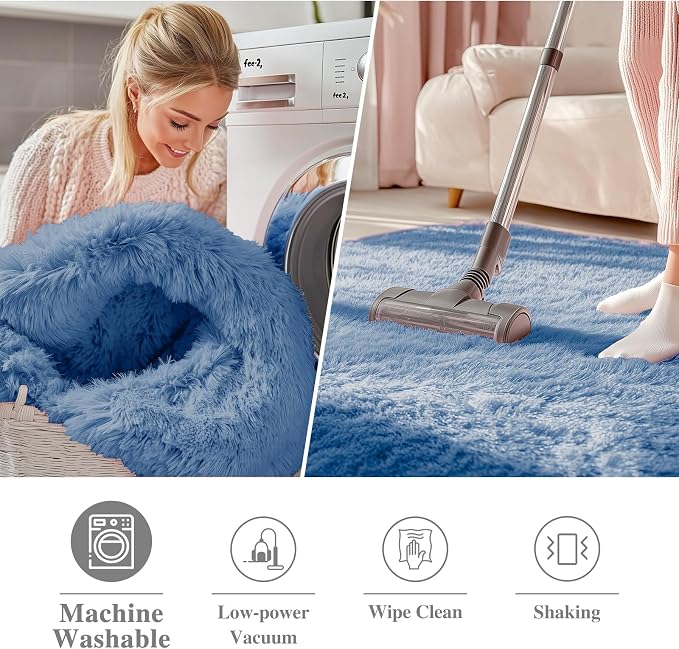 OLANLY Blue Round Rugs for Bedroom - Machine Washable, 2 ft Circle Area Rugs for Living Room, Soft and Fluffy Shaggy Carpet for Teen Girl and Boys, Nursery Rooms, Dorms, Home Decor Aesthetic
