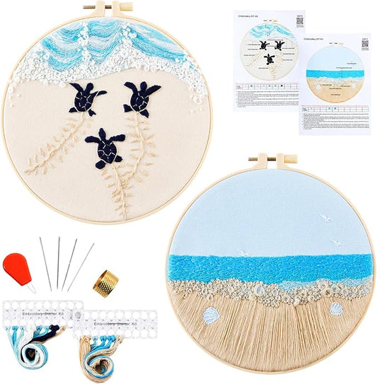 Embroidery Kit for Beginner Adults, Stamped Cross Stitch kits for Adults Beginners, Ocean Hand Embroidery Starter Needlepoint Kit, 2 Set Embroidery Supplies, 2 Hoops (Attached Teaching Video QR Code)