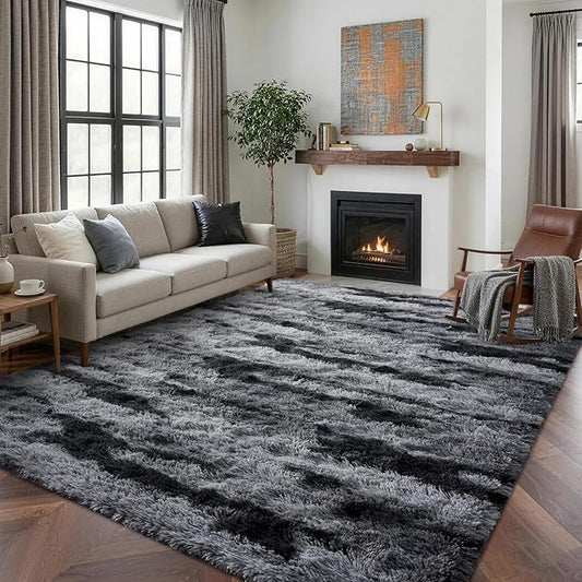 5x7 Ft Large Shag Rug for Living Room Bedroom,Tie-Dyed Ultra Soft Fluffy Furry Area Rug, Aesthetic Carpet for Indoor Floor Home Decor (Black)