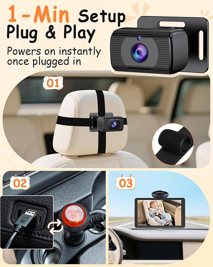 Rohent Baby Car Camera 7.2-Inch Monitor: 1080P HD Rear Facing Infant Backseat Camera with Night Vision 360° Rotation Wide Angle USB Plug & Play Anti-Glare Screen for Safe Driving F25