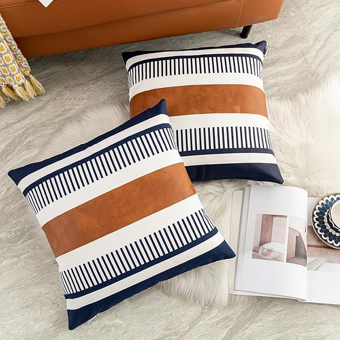 Pack of 2 Farmhouse Decorative Throw Pillow Covers for Couch Sofa Faux Leather and Cotton Patchwork Pillow Cover Boho Stripe Accent Cushion Cover 18 x 18 Inch, Navy Blue