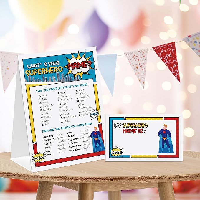 Superhero Theme What's You Superhero Name Game, Baby Shower Game Stickers, Birthday Game, Party Decoration, Activity Game for Office or Class, Package Contains 1 Sign and 30 Name Stickers(wyn13)