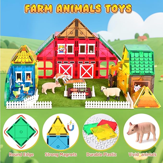 Magnetic Tiles with Farm Animals, 50PCS Magnetic Blocks Building Toys for Age 3-5 4-8 8-12, Construction STEM Magnet Toys Gift for Kids, Boys and Girls