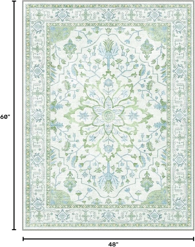 RELEANY Area Rugs 4'x5' Washable Non-Slip, Floral Vintage Distress Medallion Carpet for Living Room Bedroom Dining Room, Green White Blue