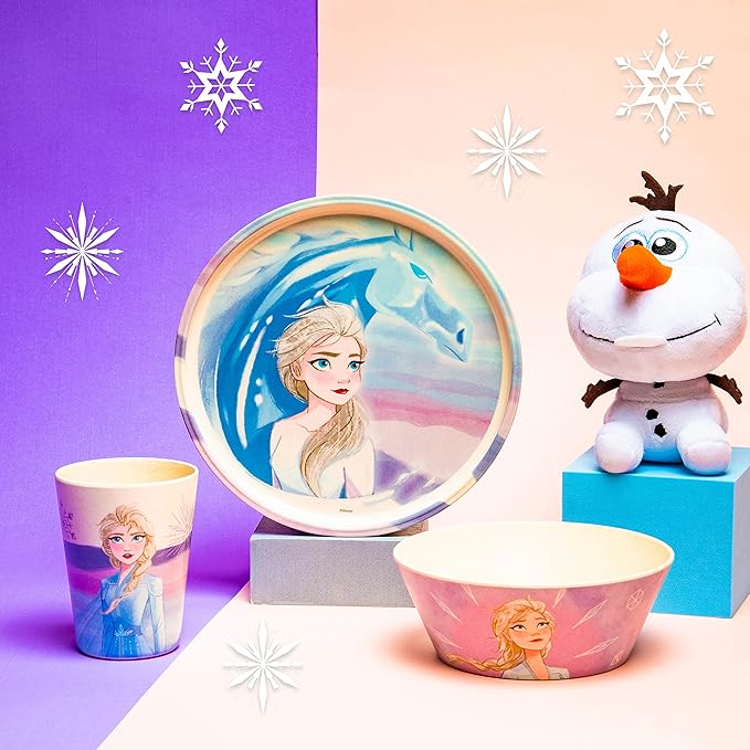 Zak Designs Disney Frozen 2 Kids Dinnerware Set 3 Pieces, Durable and Sustainable Melamine Bamboo Plate, Bowl, and Tumbler are Perfect For Dinner Time With Family (Anna, Elsa, Olaf)