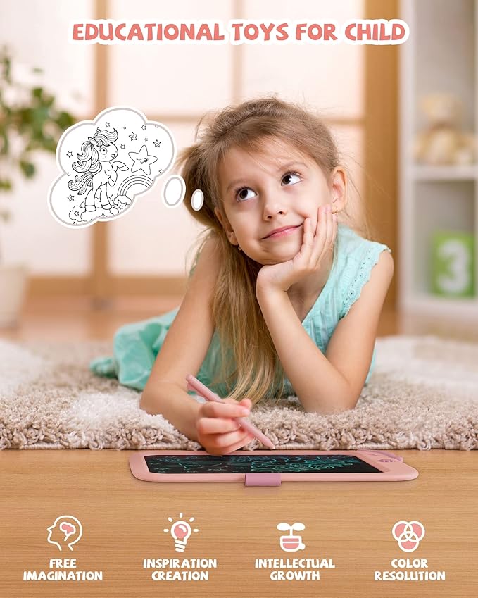 Kikapabi 10 Inch LCD Writing Tablet for Kids - Colorful Drawing Pad for Girls Aged 3-9 | Unicorn Toddler Travel Toys, Christmas Birthday Gift for Girls & Boys (Pink)