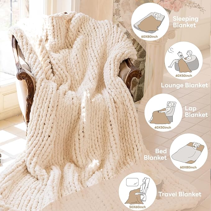 Chunky Knit Blanket - Luxury Soft Cozy 50 * 60 Throw Blanket,100% Woven Blanket Rope Knot Throw Blanket for Couch, Sofa, Home Decor, Gift - Machine Washable (Cream, 50 * 60)