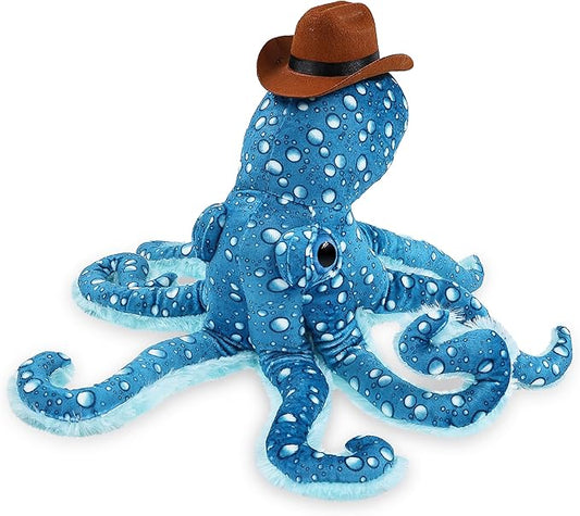 DolliBu Blue Octopus Stuffed Animal Cowboy Hat Plush with Name Personalization - Western-Themed Octopus Plush with Cute Cowboy Costume Hat - 16 Inches