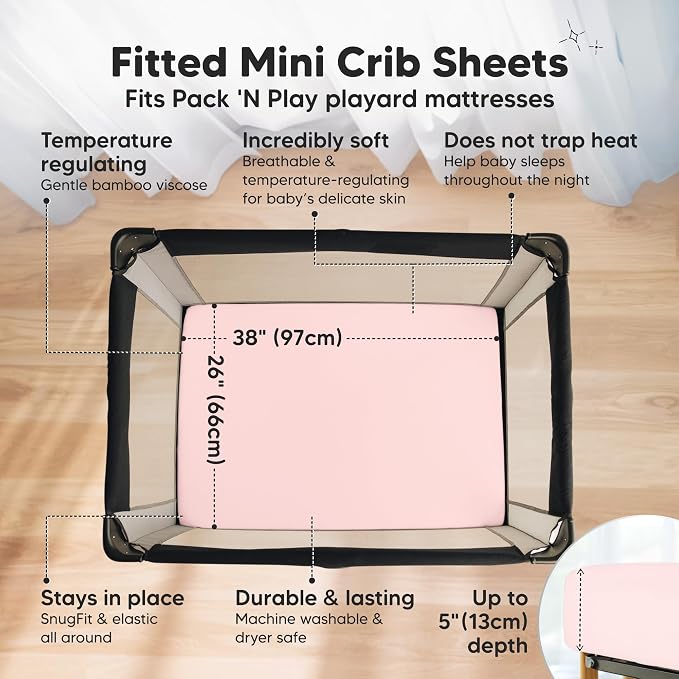 Pack and Play Sheets Fitted - 2-Pack Mini Crib Sheets for Pack N Play Mattress 38x26, Soft & Cozy, Neutral Toddler Playard Bedding, Snug Fitted Mini Baby Crib Mattress Cover Boy, Girl (Mist Rose)
