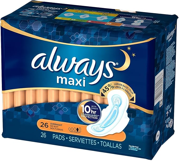 Always Maxi Overnight Pads with Wings, Size 4, Overnight, Unscented, 26 CT