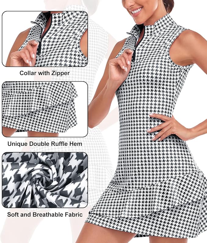 Viracy Tennis Dress for Women Sleeveless Golf Dresses with Shorts and Pockets Ruffle Zip Up Stand Collar Golf Outfits