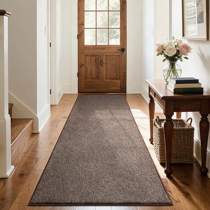FinRèc 2x8 Washable Runner Rugs for Kitchen Hallway Bedroom, Low Pile Thin Rug Solid Color, Non-Slip Carpet Indoor for Home Decor (Brown/White)