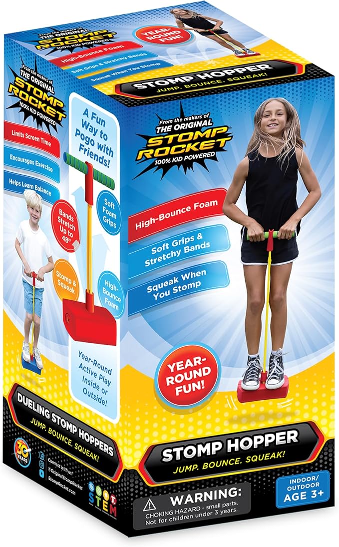 Stomp Hopper Pogo Stick - Jump, Bounce & Squeak Foam POGO Jumper for Kids - Toddler Pogo Stick with Soft Grips & Stretchy Bands - STEM Indoor & Outdoor Toys for 3-5 Year Olds