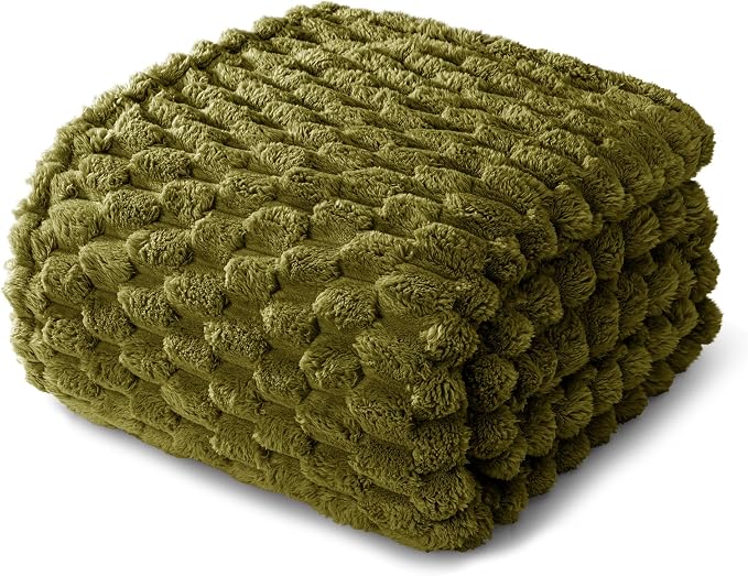 Whale Flotilla Soft Fleece Queen Size Bed Blanket 3D Jacquard, Olive Green | Lightweight Breathable Coverlet Bedspread for All Seasons, Super Cozy Plush Fluffy Fuzzy Decorative Blanket for Bed, 90"x90"