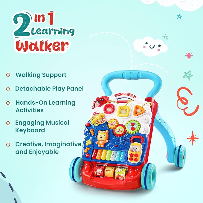 YOLAY 3-in-1 Baby Walker for 6–12 Months, Foldable Sit-to-Stand Learning Walker with Wheels, Detachable Activity Panel, Stable Handle, Includes Duracell AA Batteries, Boys & Girls (Blue)