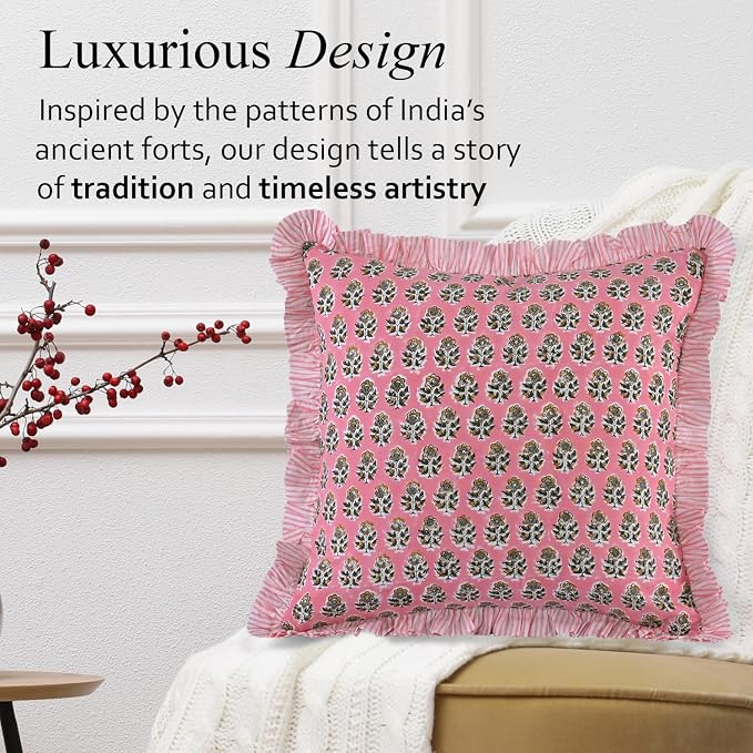 CPC Poppy Pink Ruffle Throw Pillow Covers for Couch, 16x16 Inch Cotton Stripe Ruffle Couch Pillows for Living Room, Hidden 12 Inch Zipper Boho Pillow Case or Cute Outdoor Pillows