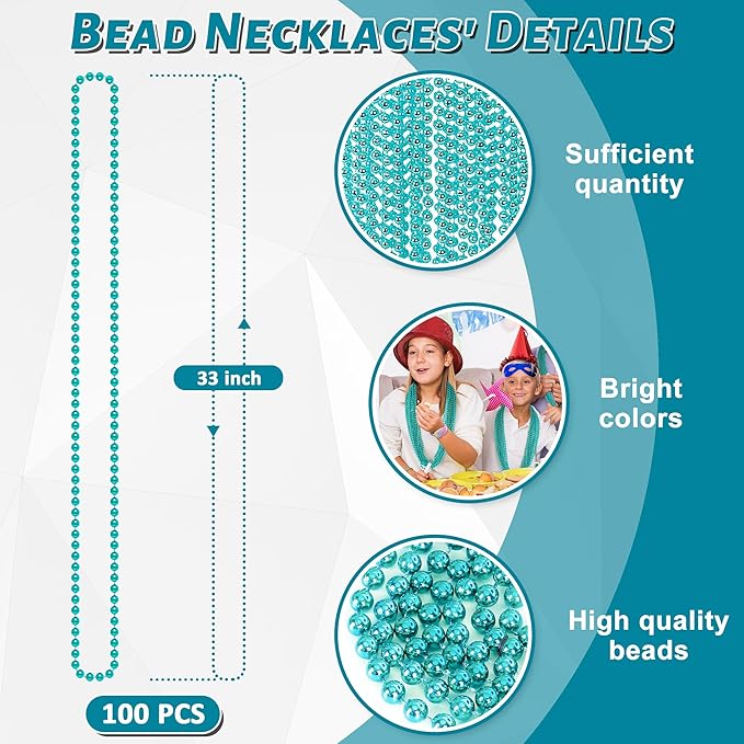 100PCS Mardi Gras Beads, Metallic Blue Bead Necklace Party Favors, 33" Mardi Gras Necklace Women Men Stuff, Festival Parade Throw Accessories for Wedding Birthday Gender Reveal Party Supplies Decor