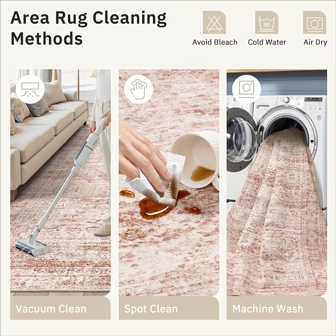 Soalmost 6x9 Area Rug for Living Room Washable Rugs Non-Slip Pink | Low-Pile Vintage Carpet for Dining Bedroom, Foldable Thin Stain Resistant Floor Mat Under Table Home Office Nursery Decor